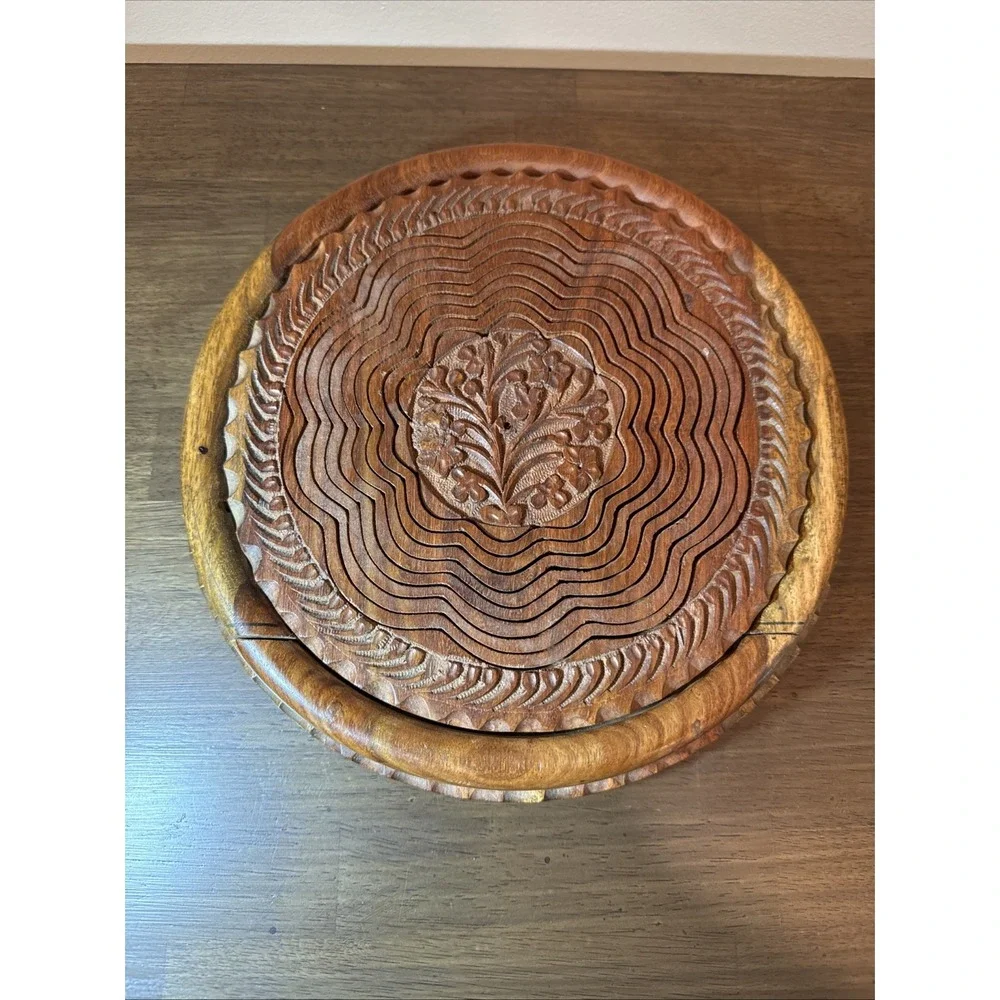 Vintage Hand Carved Wood Collapsible Spiral Basket Floral Folding Trivet Cottage